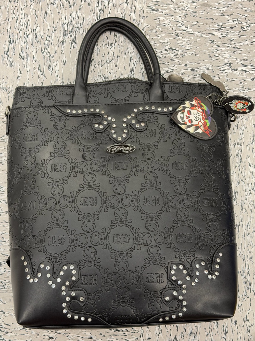 Ed Hardy Embossed Skull Studded Convertible Backpack Tote Bag